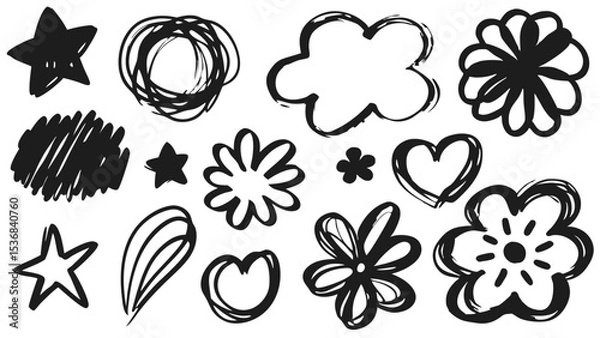 Fototapeta Collection of hand drawn doodle elements including stars flowers clouds and hearts in black and white