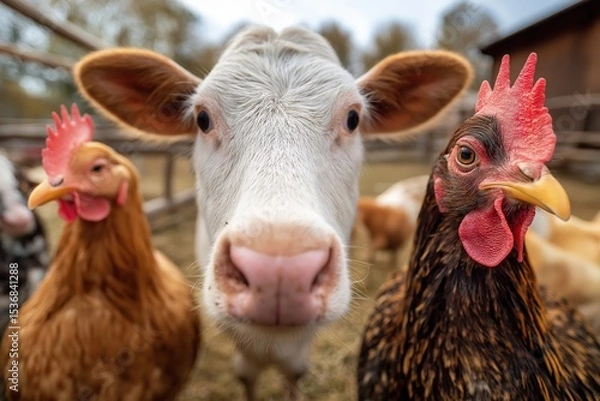 Fototapeta Close-up of a curious calf with two chickens in the foreground on a farm, showcasing farm animals in a natural outdoor setting.