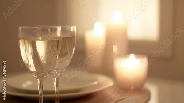 Fototapeta Two elegant wine glasses filled with pale white wine in soft light, delicate stems, fine craftsmanship, white plate, three lit candles, warm glow, cozy intimate atmosphere, 