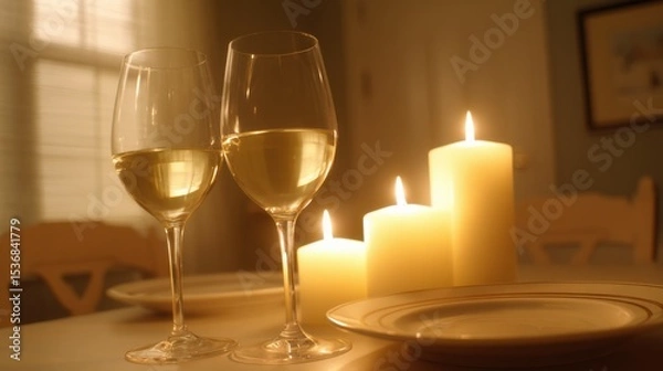 Fototapeta Two elegant wine glasses filled with white wine on a table with slender stems, warm lighting, lit candles of varying heights, cozy atmosphere, empty decorative plates, indoor setting, window blinds, 