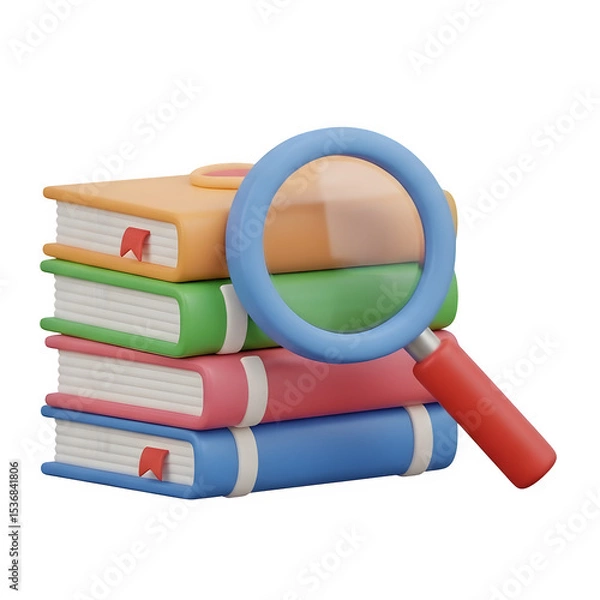 Fototapeta 3D Research Icon - Magnifying Glass over Stack of Books, Study & Education Concept, Isolated Transparent Background PNG