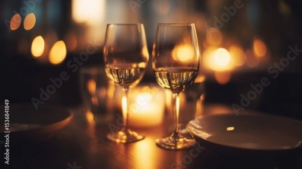 Fototapeta Two elegant wine glasses filled with golden liquid on a dark wooden table, softly glowing candle casting warm ambient light, cozy intimate atmosphere with blurred bokeh lights, 