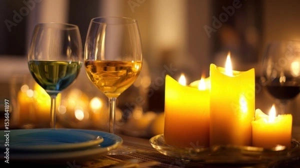Fototapeta Intimate dining table setting with elegant wine glasses, green and golden white wine, warm glowing candles of varying heights, blue plates, and soft bokeh background for a romantic ambiance.