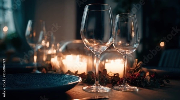 Fototapeta Cozy intimate dining table setting with elegant empty wine glasses, dark blue patterned plate, lit candles in glass holders, green leaves, red berries, warm glow, festive romantic ambiance, 