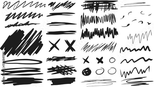 Fototapeta Collection of hand drawn scribbles lines circles crosses and abstract shapes in black and white colors