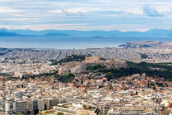 Fototapeta Aerial view Athens with Acropolis and harbor from Lycabettus hill in Greece.