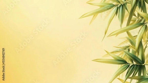 Obraz Soft yellow background with lush green bamboo leaves.