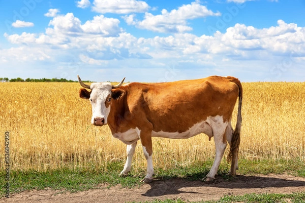 Fototapeta White and brown cow in golden wheat field against blue sky. Cow in field of wheat on sunny summer day.