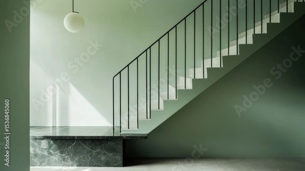 Fototapeta Minimalist staircase in a muted green interior