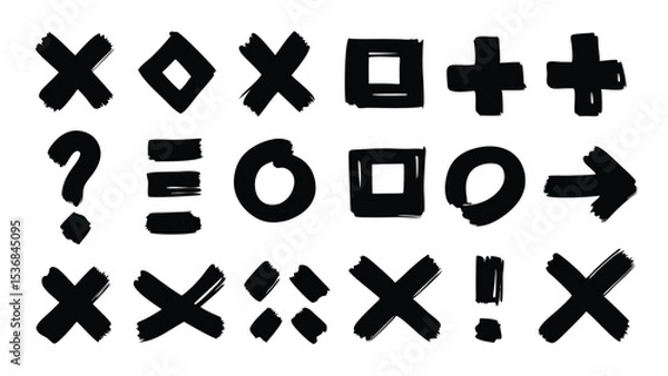 Fototapeta Collection of black brush stroke symbols including x o plus question mark and arrow isolated on white