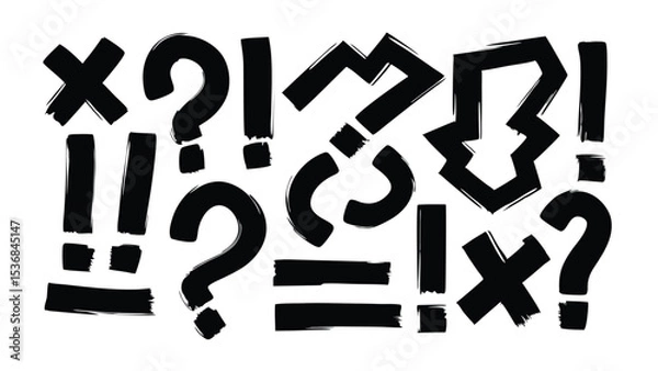 Fototapeta Collection of expressive punctuation marks in black ink style on a white isolated background