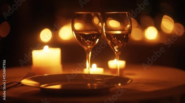 Fototapeta Romantic candlelit dinner setting with elegant wine glasses, warm glowing candles, empty plate, fork and knife, soft bokeh lights, and cozy ambiance.