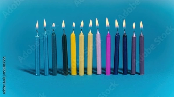 Fototapeta Neat row of twelve slender lit candles with distinct colors on a solid blue background, transitioning from light blue to purple, softly flickering flames casting gentle shadows.