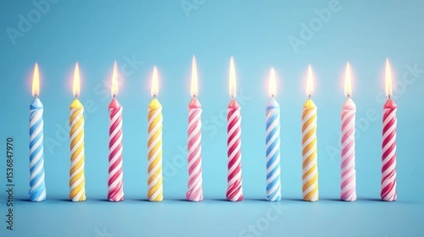 Fototapeta Ten lit birthday candles in a straight line against a light blue background, featuring spiral patterns with blue, yellow, pink, and red color combinations, bright flickering flames, 