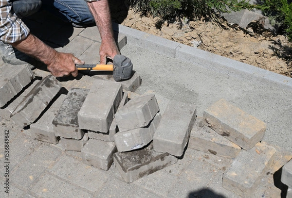 Fototapeta Workers laying paving stones while constructing a pathway in a garden during daylight in a residential area