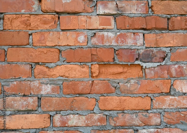 Fototapeta Textured brick wall showcasing various shades of red and orange with visible mortar joints in natural light