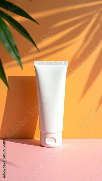 Fototapeta A white cosmetic tube on a pink surface, set against an orange background with plant shadows