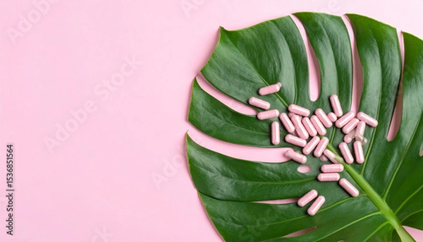 Fototapeta Aesthetic horizontal flatlay with leaves