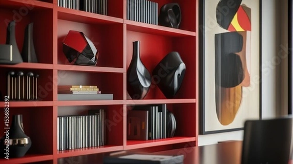 Fototapeta Red Bookshelf with Decor