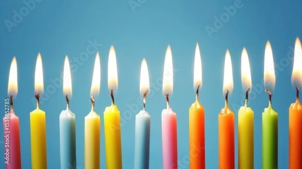 Fototapeta Vibrant lit birthday candles in pink, yellow, blue, orange, and green against a solid blue background with flickering flames and charred wicks, creating a festive and celebratory mood.