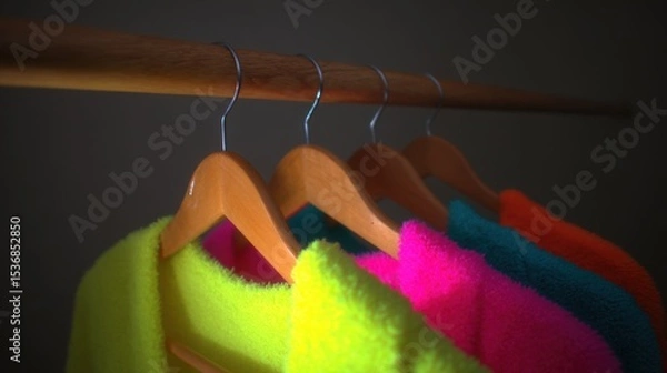 Fototapeta Row of wooden hangers with metal hooks holding vibrant fuzzy garments in neon yellow, vivid pink, teal, and orange against a dark background.