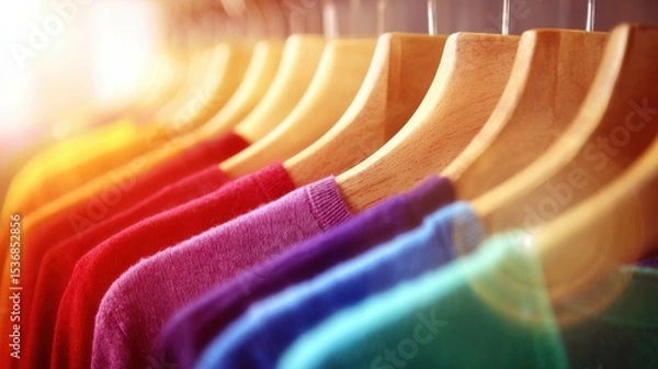 Fototapeta Row of wooden hangers displaying colorful sweaters in gradient hues from red to green, with warm glowing light and rustic natural texture.