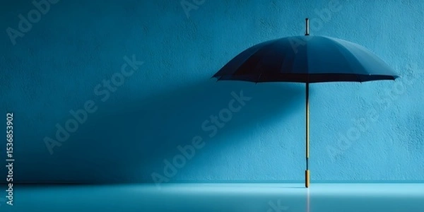 Fototapeta Minimalist product shot of a single elegant dark blue umbrella, open and upright. It is set against a textured light blue background with soft lighting.