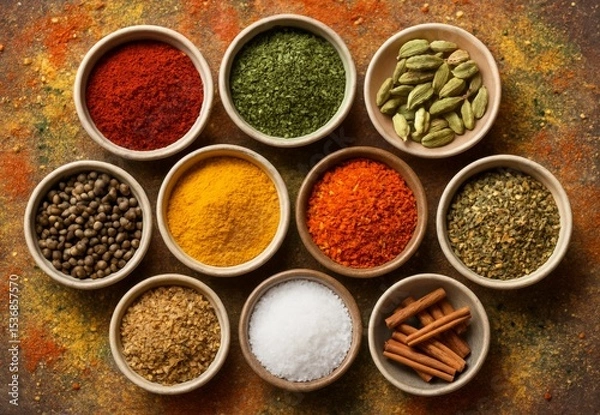 Obraz Colorful Assortment of Spices in Bowls on Rustic Surface