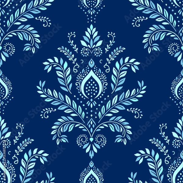 Obraz Blue damask vector seamless pattern. Vintage, paisley elements. Traditional, Turkish motifs. Great for fabric and textile, wallpaper, packaging or any desired idea.