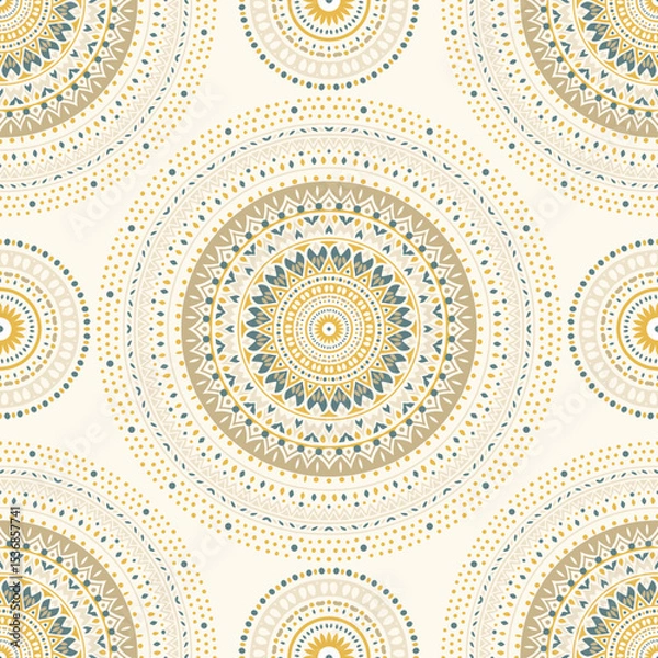 Obraz Beige, green and white seamless pattern with mandala ornament. Traditional Arabic, Indian motifs. Great for fabric and textile, wallpaper, packaging or any desired idea.