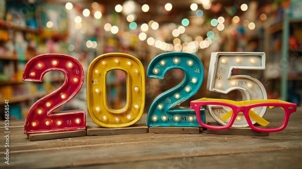 Obraz New Yearâ€™s clock with wacky party glasses on glowing white blur, 2025 countdown, trendy celebration concept