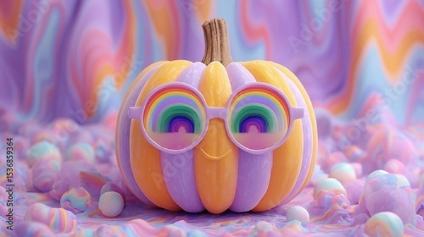 Obraz Goofy Halloween pumpkin with oversized rainbow glasses on trippy white backdrop, spooky fun, viral meme style