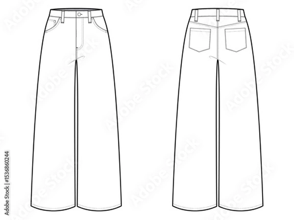 Fototapeta High Waist Wide Leg Jeans- Flat Vector Illustration-Front and Back View- Technical Illustration- CAD Mock-up 