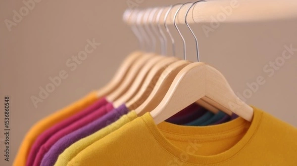 Fototapeta Neatly arranged colorful t-shirts on wooden hangers with metal hooks, showcasing bright yellow, green, purple, and orange hues against a soft neutral background.