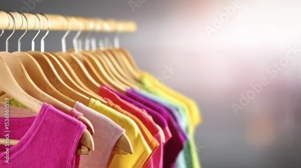 Fototapeta Vibrant row of wooden hangers on a horizontal rod displaying colorful garments in pink, yellow, orange, red, purple, and green against a soft blurred background.