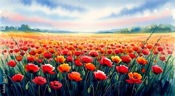 Fototapeta A watercolor painting of a sprawling red poppy field under blue cloudy sky in summer season, wide angle watercolor