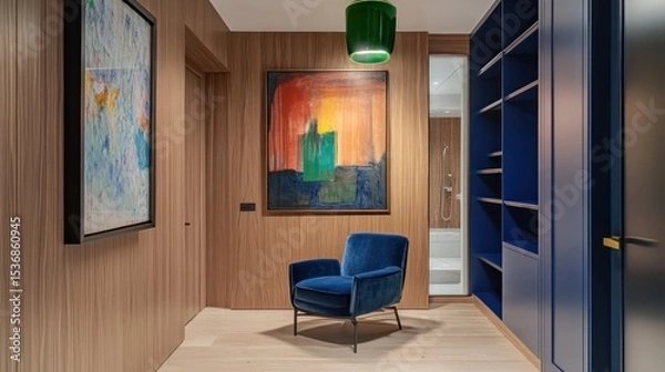 Fototapeta Modern hallway with colorful art and blue accent
