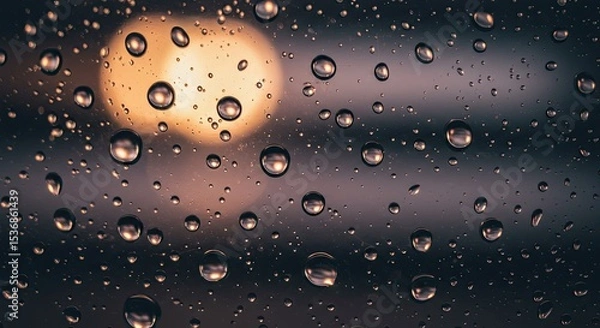Fototapeta Close-up of water droplets on a glass surface with a blurred background light