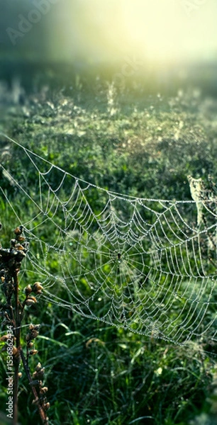 Fototapeta Spider web hanging on the grass and glowing in the morning light. Selective focus on the web. Natural background template.