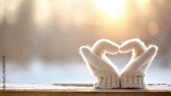 Fototapeta Cream-colored knitted mittens shaped into a heart on a snowy wooden surface, softly lit by warm golden sunrise or sunset glow, highlighting cozy winter warmth and affection.