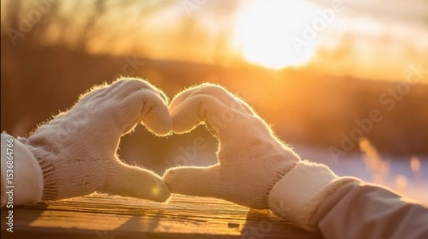 Fototapeta Two gloved hands forming a heart shape against a warm golden sunset, softly diffused sunlight casting a gentle glow, resting on a wooden surface with a serene and romantic atmosphere.