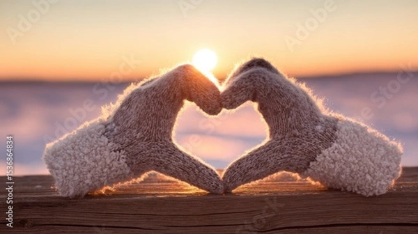 Fototapeta Two hands in cozy knitted mittens form a heart shape on weathered wood, set against a serene sunset with warm orange and yellow hues, soft glow highlighting textures.