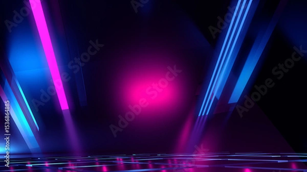 Fototapeta Abstract background. Neon glow, neon light lines. Empty room in ultraviolet glow