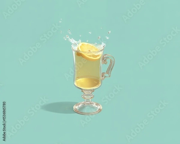 Obraz Lemon Tea in Glass Mug with Splash on Mint Green Background