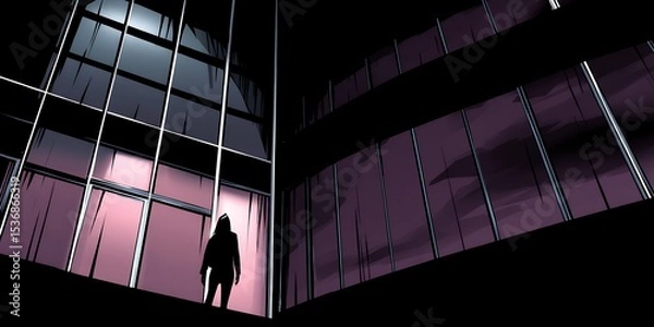 Obraz Silhouette of a Figure in a Dark Modern Building Interior at Night
