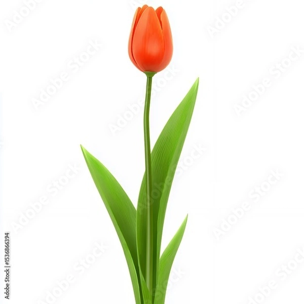 Obraz Single Orange Tulip with Green Leaves on White Background