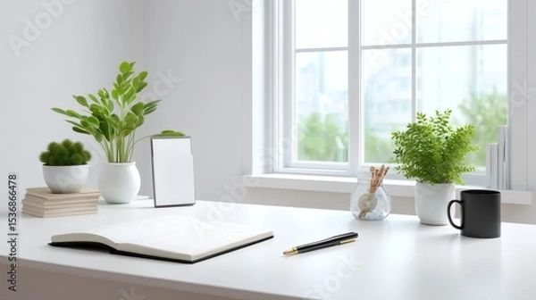 Obraz Modern minimalistic workspace with plants, notebook, and window view