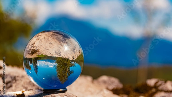 Obraz Crystal ball alpine spring landscape shot with Mount Kitzbueheler Horn in the background at Wochenbrunner Alm, Ellmau, Kufstein, Tyrol, Austria