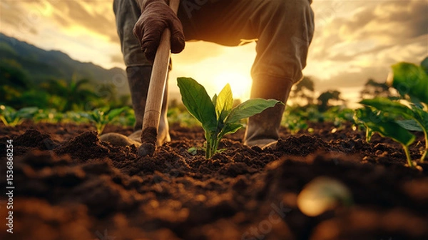 Obraz Close-up of a farmer’s hands holding a hoe while working in the field. A raw and authentic moment showcasing hard work and connection to the earth.