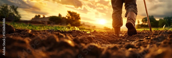 Obraz An old farmer stands in a field with a walking stick as the setting sun bathes the landscape in golden light. A peaceful and timeless rural scene full of warmth and tradition.